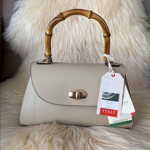 NWT Divina Firenze Chic Beige Leather Satchel with Bamboo Handle.
